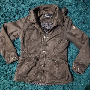 Vintage Guess USA Utility Jacket Quilted Lined Hooded Coat Brown Women’s